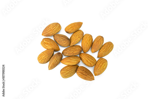almonds on white background, Dried almonds with brown skin isolated on white background with clipping path top view flat lay stack, healthy snack, activated and roasted nuts.