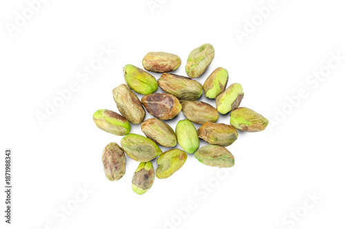 Heap of dried pistachio nuts with shelled isolated on white background stack top view flat lay clipping path, roasted pistachio.