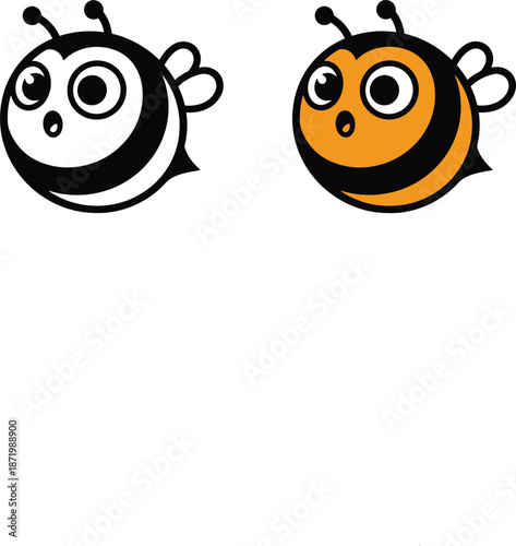 Cute bumblebee cartoon character set in black and white and yellow colors featuring large expressive eyes and a round body.