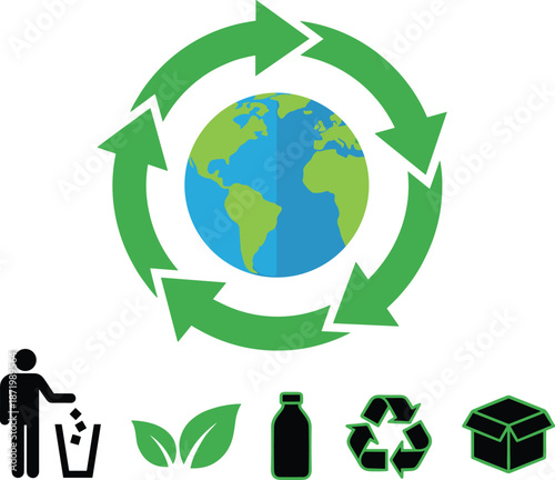 Global recycling concept with planet earth and eco icons, waste management, sustainability awareness, green lifestyle, environmental protection illustration