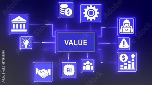 Strategic Business Intelligence and Financial Value Concept On The black background, Business Analytics and Decision-Making Workflow Animation.