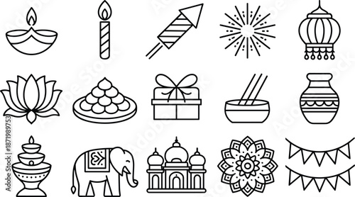 Diwali festival icon set illustration, Indian celebration symbols with lamps fireworks sweets gift lotus mandala, black line outline design