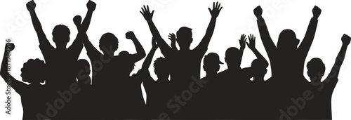 Silhouette of Group with Raised Arms Expressing Celebration, Unity, Protest, or Solidarity for Social, Cultural, or Political Concepts
