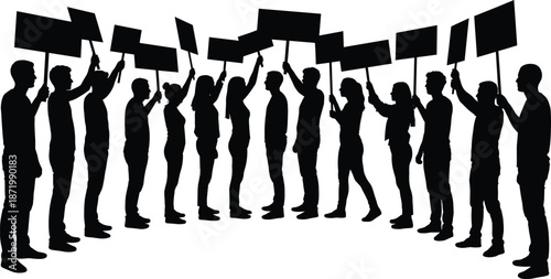 Silhouette of Protesters Holding Blank Signs in Two Rows, Representing Unity, Demonstration, and Public Expression for Social Movements