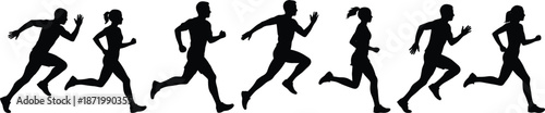 Silhouette of Six Runners in Motion Sequence Capturing Athletic Stride Phases for Sports, Fitness, Animation, or Biomechanics Concepts