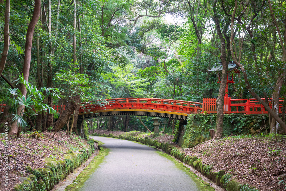 Fototapeta premium red bridge to enter or exist main buildings of Usa Jingu shrine, Oita