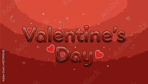 Digital illustration of Valentine's Day text with hearts and stars on a red background, with a gradient effect and decorative elements.