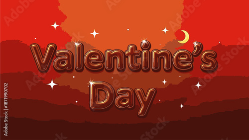 Graphic design of Valentine's Day text on a vibrant red and orange gradient background with sparkles and a crescent moon.