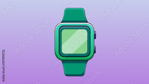 Stylish square smart watch in green, female fashion accessory, modern digital display, casual wearable, isolated on purple background.