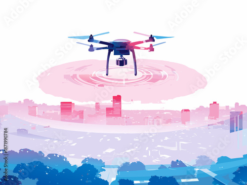 Drone flying over cityscape with pink and blue hues