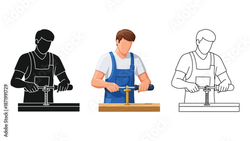 Carpenter drilling wood with a hand drill, silhouette, color illustration, and outline drawing