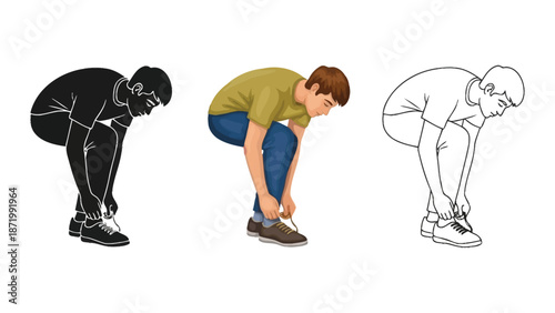 Man bending to tie shoelaces, silhouette, color illustration, and outline drawing