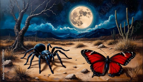 a black spider in the desert is hunting a butterfly