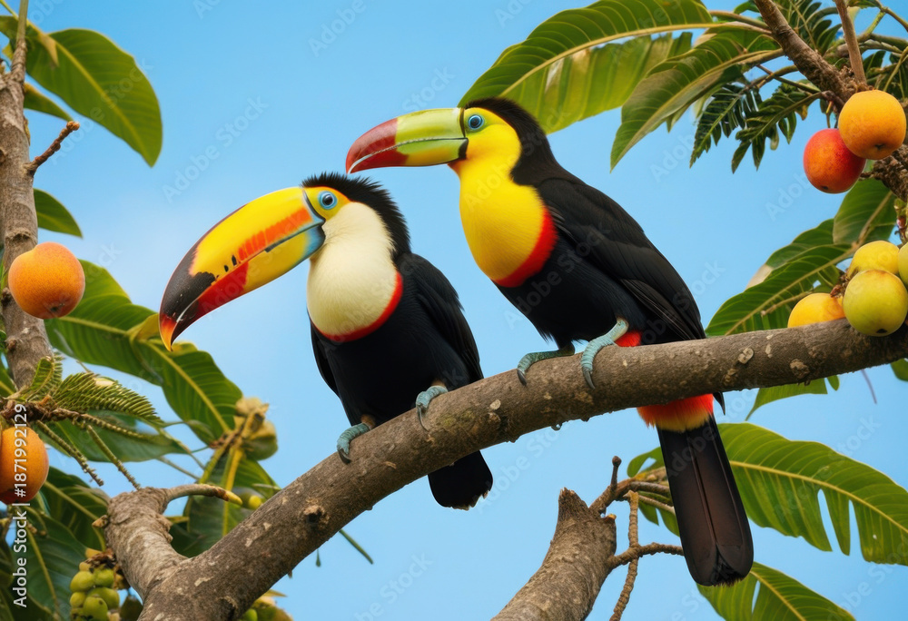 Obraz premium Two colorful toucans with large beaks sit on a fruit-bearing tree, blue sky background