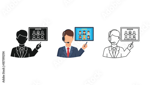 Customer support agent presenting an online meeting or webinar, icon set in multiple styles