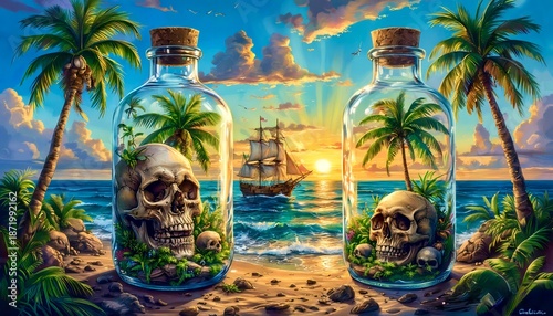 two glass bottles with skulls inside, set against a beach and a ship