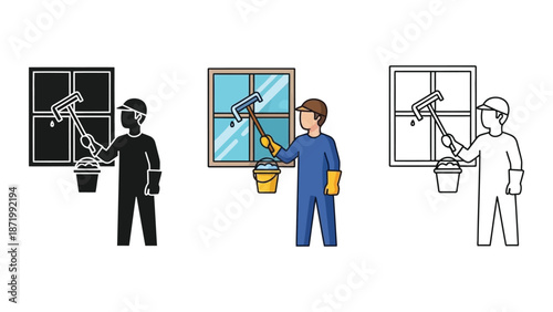 Window cleaner washing glass with squeegee and bucket, color, outline, and glyph icon styles