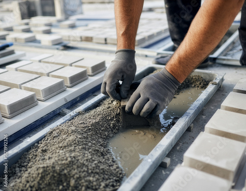 Construction Worker Mixing Cement for Concrete Block Production