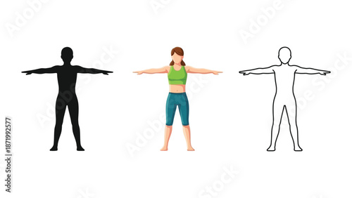 Woman exercising with arms outstretched, silhouette, color illustration, and outline drawing