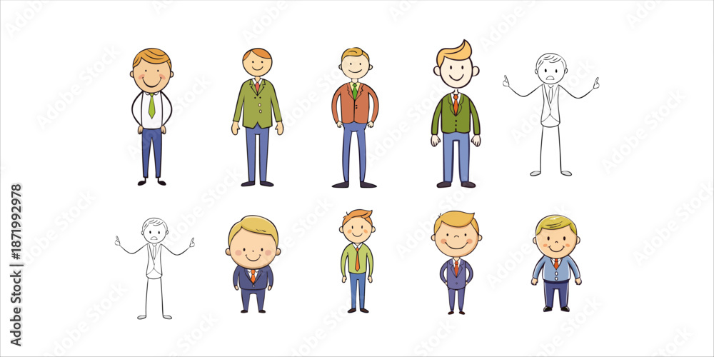 Naklejka premium Group of Hand-Drawn Professional Men in Suits with Different Emotional Poses on Isolated White Background