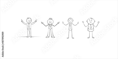 Stick Figure Businessmen Cartoon Expressing Confusion and Dilemma on Isolated White Background.