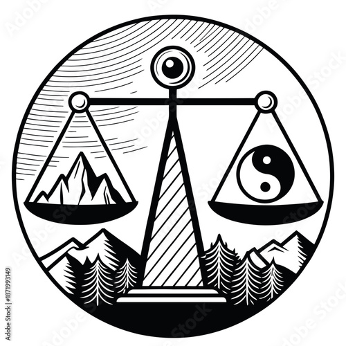A black and white illustration of a scale balancing nature and yin yang
