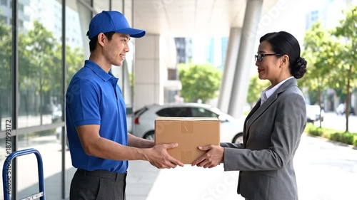 Swift Delivery: A cheerful courier delivers a parcel to a pleased recipient, capturing the essence of efficient service and customer satisfaction.
