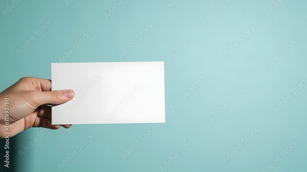 Obraz premium A hand holding a blank white piece of paper against a blue background