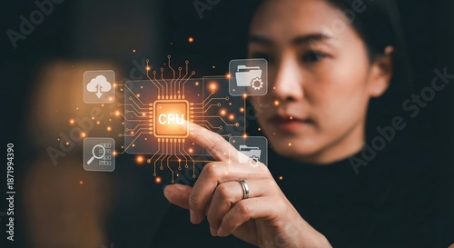 Asian woman adult specialist interacting with futuristic cloud computing digital network and AI processor icon in dark indoor office, innovation and big data technology concept.