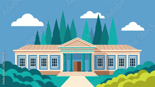 Classic Building Facade with Columns and Windows - Flat Design Vector Illustration