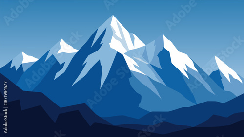 Stunning Blue Mountain Range Vector Illustration with Snow-Capped Peaks and Layered Landscapes
