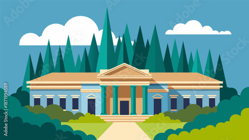 Classical building vector illustration with lush green trees and foliage under a blue sky, elegant exterior architectural design