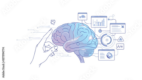 Conceptual Illustration of Human Brain with Data Charts and Digital Interface Symbols for Artificial Intelligence