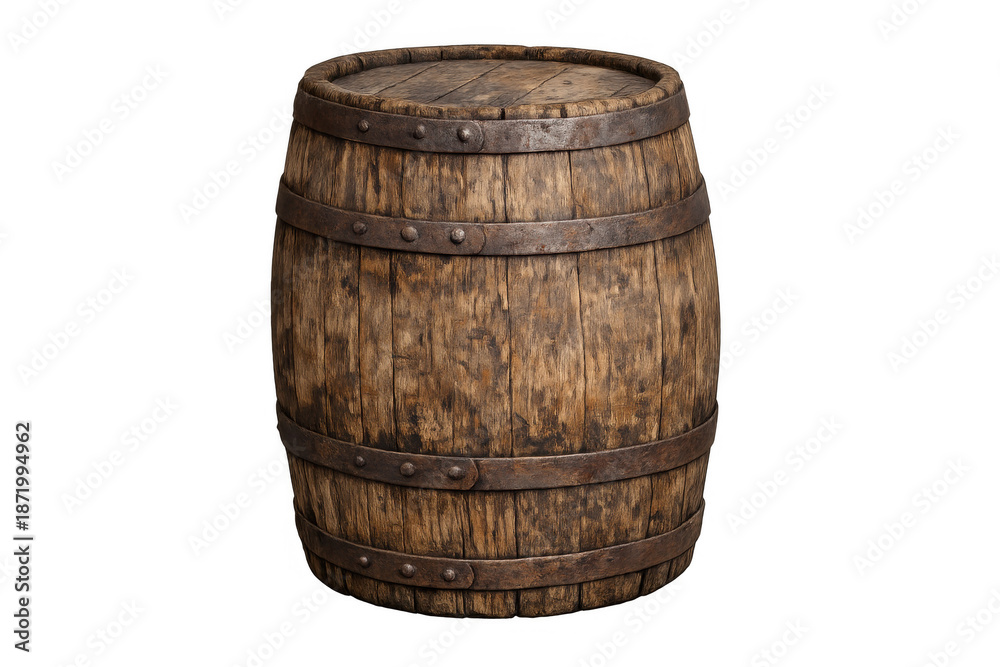 Fototapeta premium Wooden barrel for aging wine and whiskey, rustic storage container, vintage oak cask with metal hoops