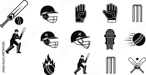 Cricket Icon Set: Bat, Ball, Helmet, Wicket, Player silhouette - Vector Graphics