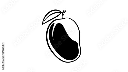 Minimalist Black and White Illustration of a Mango with Leaf