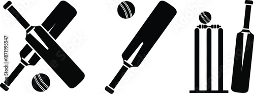 Cricket Sports Icon Set: Bats, Balls, and Wicket Graphics for Game and Sport Themes