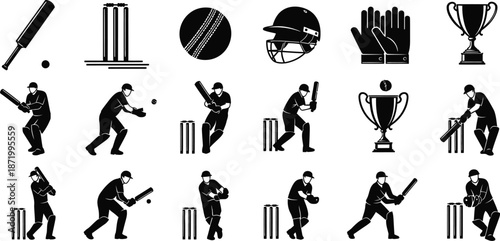 Cricket Icons Collection: Batsmen, Bowlers, Fielders, Wicket, Ball, Helmet, Gloves, Trophy