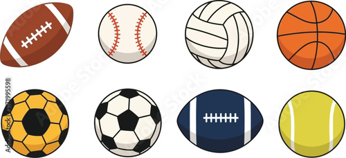 Diverse Sports Balls Collection: Football, Basketball, Soccer, Baseball, Tennis, Volleyball