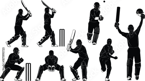 Cricket players in various actions, black silhouettes on white background