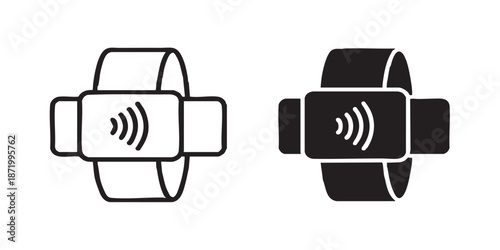 Cashless payment wristband vector icon, RFID technology and contactless payment symbol, outline and filled style, clean black line and solid design, minimal flat icon, isolated on transparent backgrou