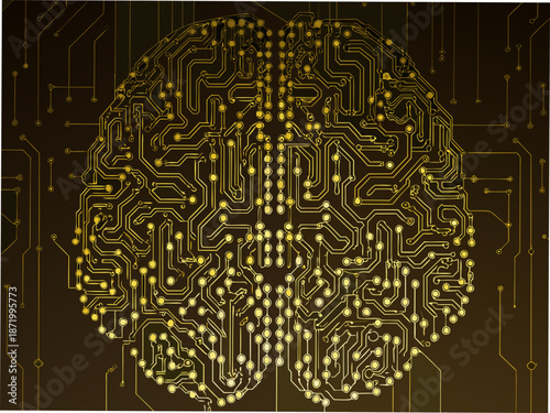 Golden circuit board brain with complex pathways and connections