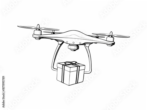 Drone delivering a gift box with propellers spinning