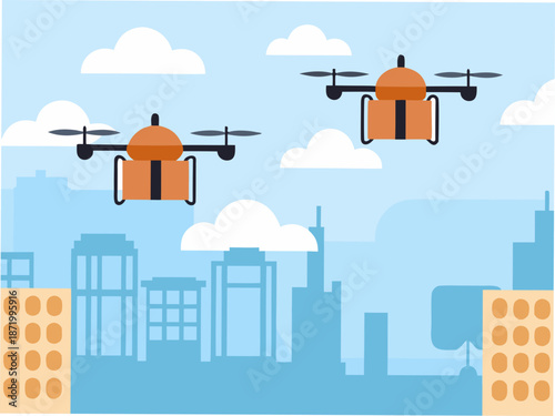 Drones flying over modern cityscape with cloudy sky