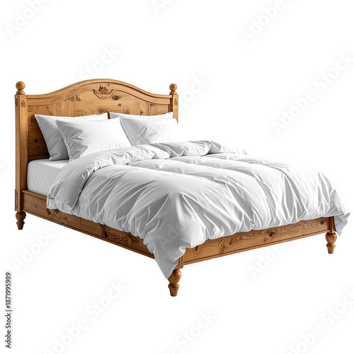 A light wood bed with white bedding, pillows, and a large duvet