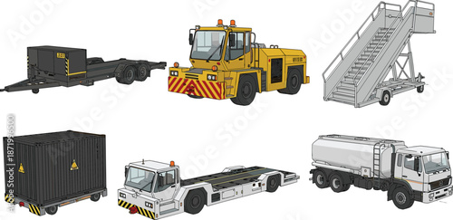 Airport ground support equipment vector, aircraft service vehicles illustration, aviation logistics tools, airport operations machinery, cargo, fuel, stairway, tug