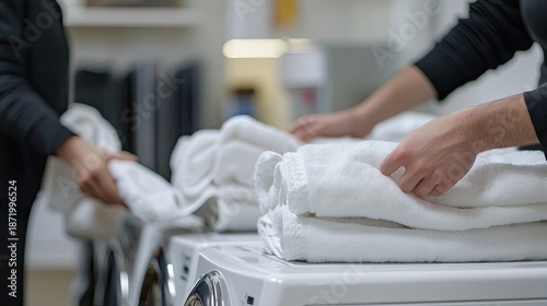 Two people folding white towels together, paired hands arranging plain towels on stainless laundry cart in bright communal laundry room, casual clothing, modern machines in background, friendly