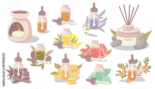 A comprehensive set of aromatherapy icons including various herbal oils and diffusers. Versatile vector assets for creating custom spa and beauty layouts.