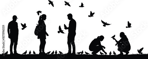 Bird watching silhouette illustration, people feeding birds in nature, outdoor wildlife interaction scene, cad drawing flat vector illustration, peaceful environment design