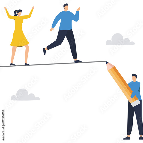 Flat vector style illustration of business leader guiding team by drawing path line with large pencil for leadership vision and achieve success stock illustration